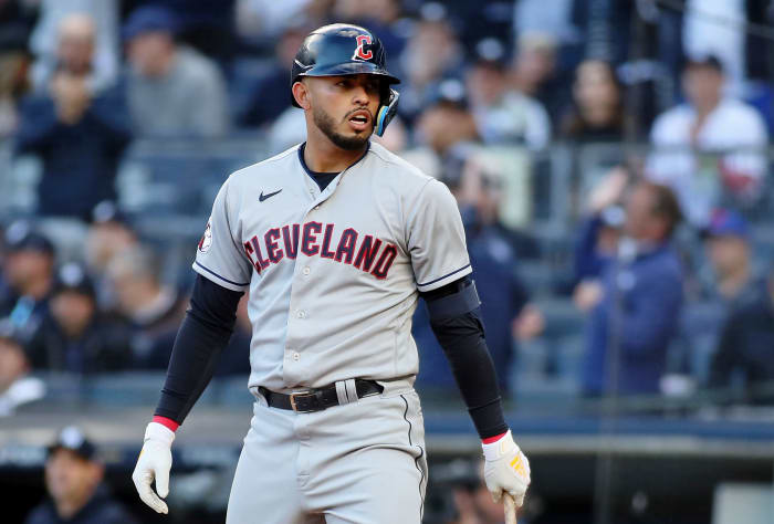 Oct 18, 2022; Bronx, New York, USA; Cleveland Guardians first baseman Gabriel Arias (8) reacts after striking out against the New York Yankees during the second inning in game five of the ALDS for the 2022 MLB Playoffs at Yankee Stadium. Mandatory Credit: Wendell Cruz-USA TODAY Sports